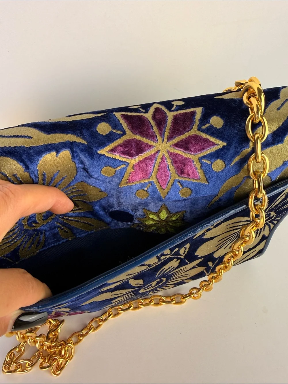 Tory Burch Cosmic Floral Velvet Shoulder Bag Blue Gold Chain $558